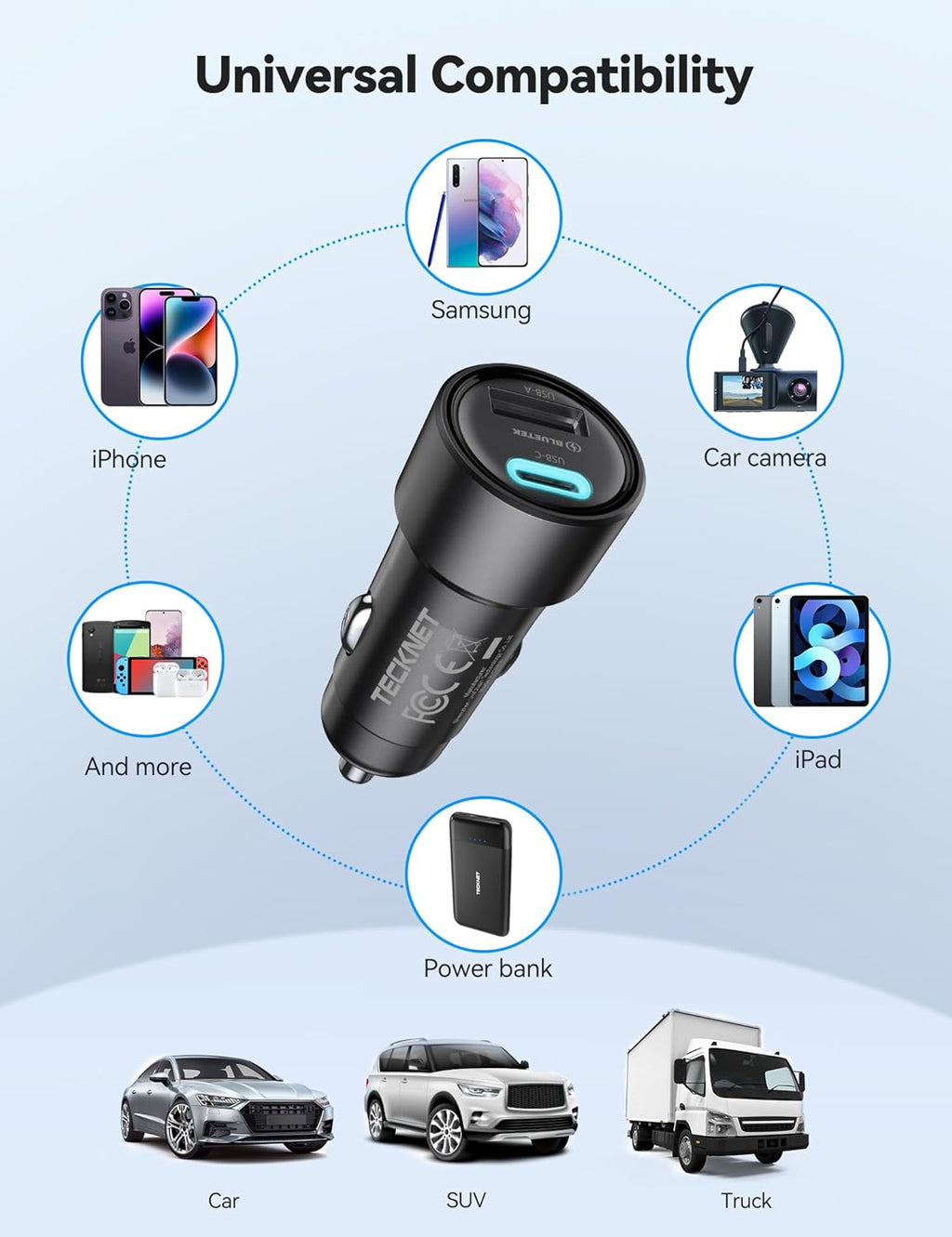 TECKNET 48W Dual-Port USB Car Charger (2-Pack) - Fast Charging Adapter with PD & QC3.0 Compatibility for iPhone 17/16/15/14 Pro Max/Plus and Galaxy Devices