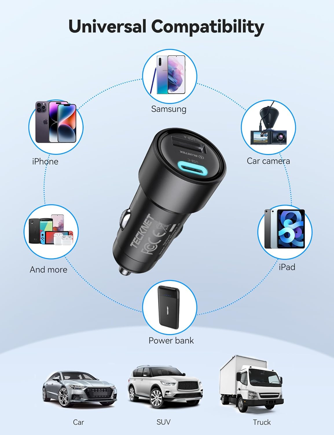 TECKNET 48W Dual-Port USB Car Charger (2-Pack) - Fast Charging Adapter with PD & QC3.0 Compatibility for iPhone 17/16/15/14 Pro Max/Plus and Galaxy Devices