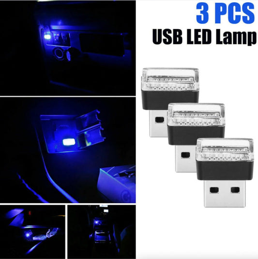 USB LED light illuminating car console at night