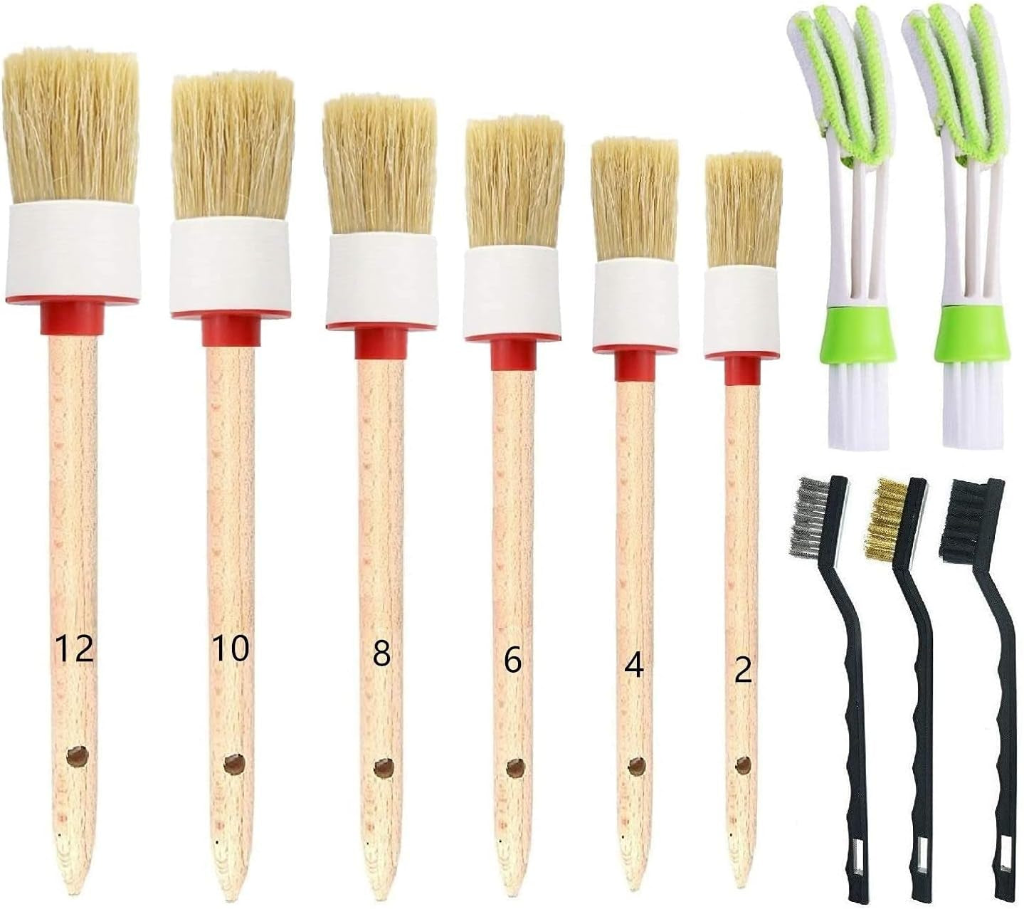 Nurkul 11-Piece Auto Detailing Set with Boar Hair Brushes, Steel Wire Brushes, and A/C Brushes - Soft Bristles and Wooden Handles for Interior, Exterior, and Leather Cleaning in 6 Sizes