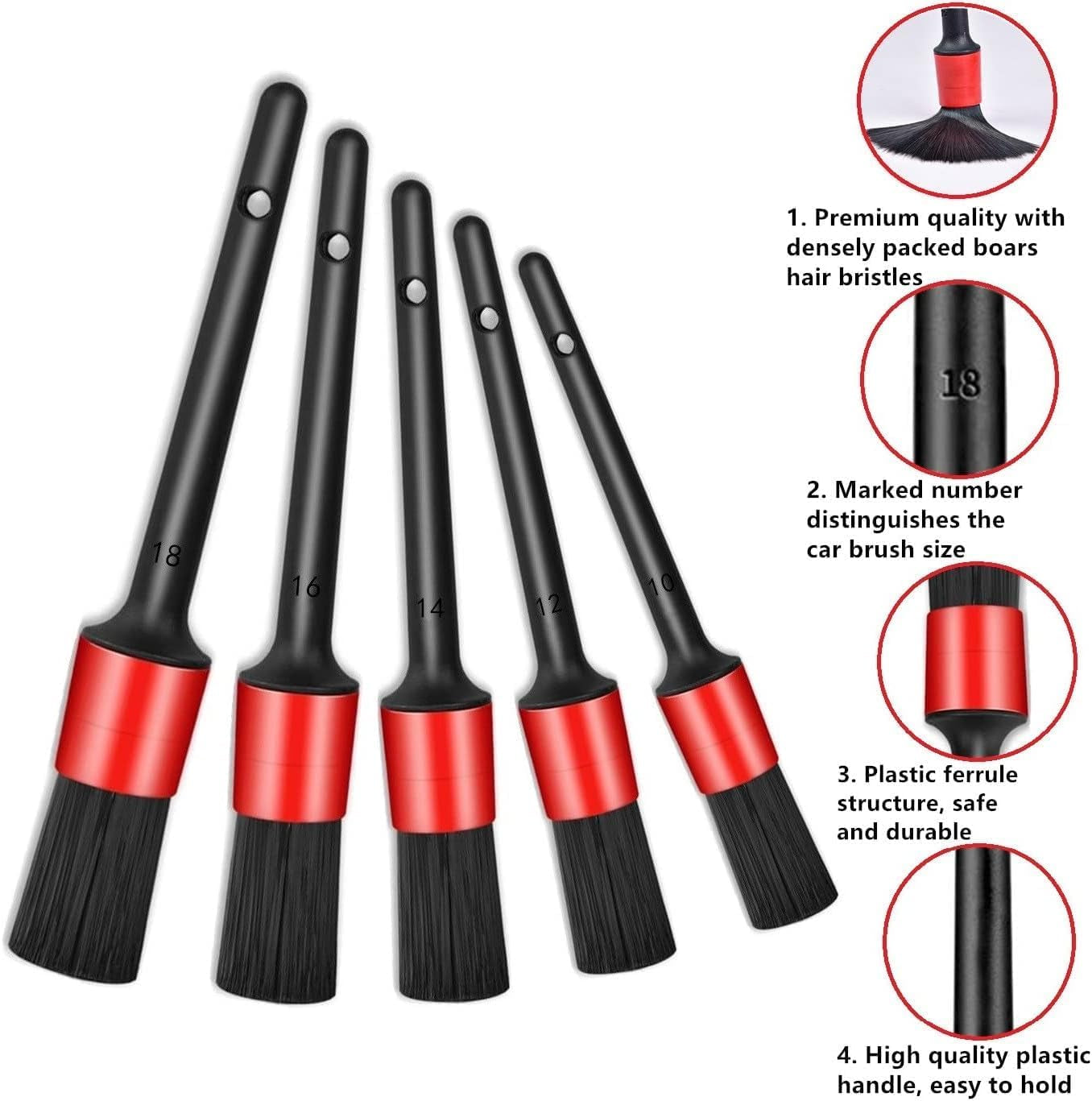 Nurkul 11-Piece Auto Detailing Set with Boar Hair Brushes, Steel Wire Brushes, and A/C Brushes - Soft Bristles and Wooden Handles for Interior, Exterior, and Leather Cleaning in 6 Sizes