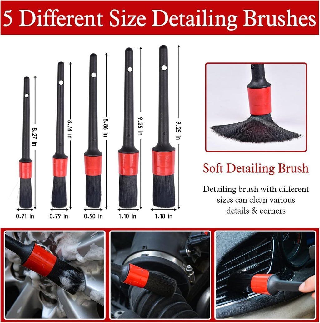 Nurkul 11-Piece Auto Detailing Set with Boar Hair Brushes, Steel Wire Brushes, and A/C Brushes - Soft Bristles and Wooden Handles for Interior, Exterior, and Leather Cleaning in 6 Sizes