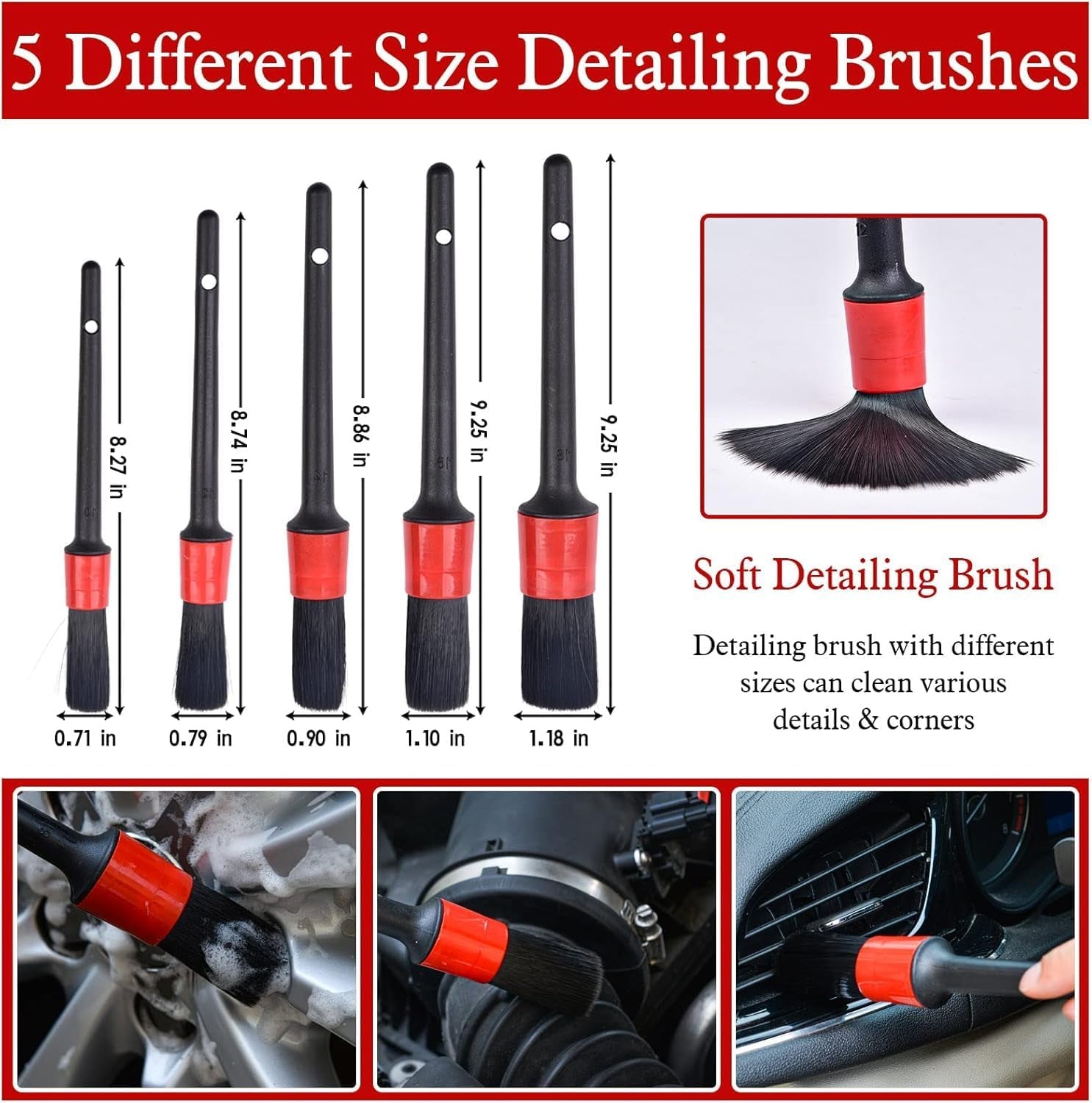 Nurkul 11-Piece Auto Detailing Set with Boar Hair Brushes, Steel Wire Brushes, and A/C Brushes - Soft Bristles and Wooden Handles for Interior, Exterior, and Leather Cleaning in 6 Sizes