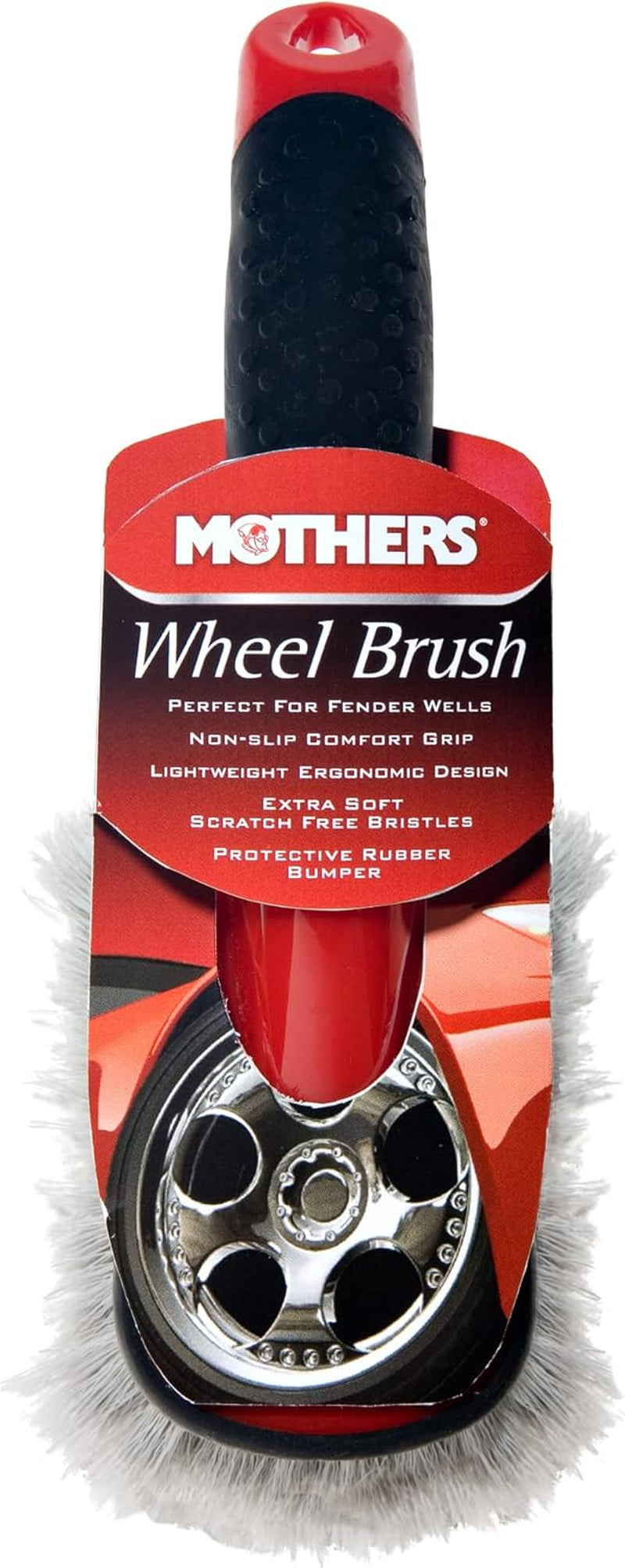 Mothers Professional Car Wash Brush Set: 10-Inch Wheel and Fender Cleaner with Short Handle in Red/Black