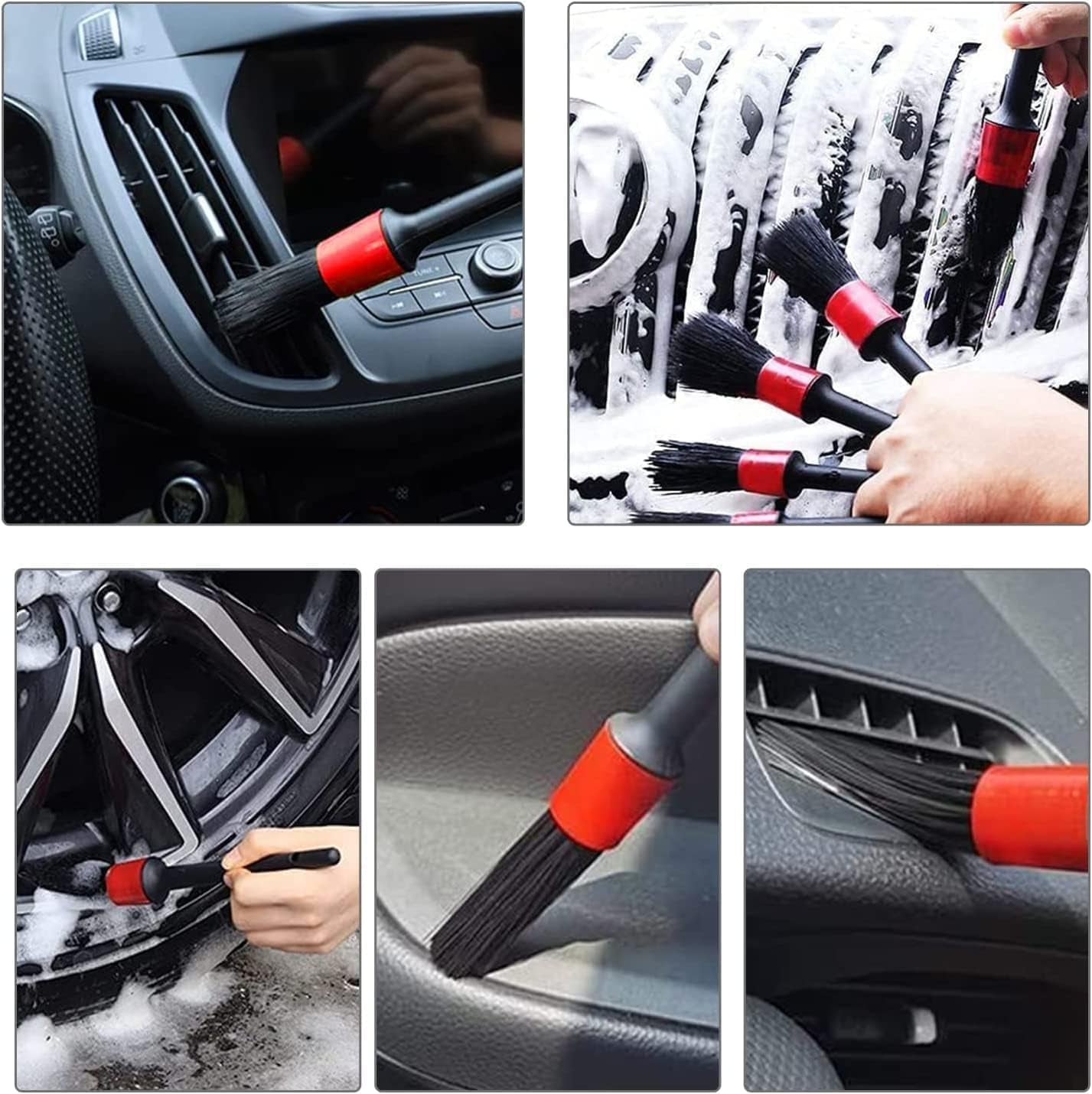 Nurkul 11-Piece Auto Detailing Set with Boar Hair Brushes, Steel Wire Brushes, and A/C Brushes - Soft Bristles and Wooden Handles for Interior, Exterior, and Leather Cleaning in 6 Sizes