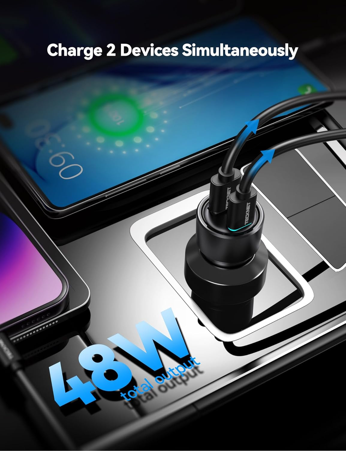 TECKNET 48W Dual-Port USB Car Charger (2-Pack) - Fast Charging Adapter with PD & QC3.0 Compatibility for iPhone 17/16/15/14 Pro Max/Plus and Galaxy Devices