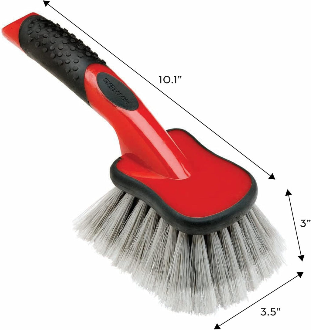 Mothers Professional Car Wash Brush Set: 10-Inch Wheel and Fender Cleaner with Short Handle in Red/Black