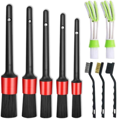 Nurkul 11-Piece Auto Detailing Set with Boar Hair Brushes, Steel Wire Brushes, and A/C Brushes - Soft Bristles and Wooden Handles for Interior, Exterior, and Leather Cleaning in 6 Sizes